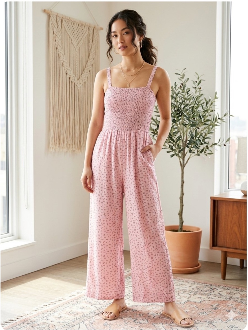 Boho Pink Floral Wide Leg Jumpsuit Smocked Top Camisole Straps Size Large